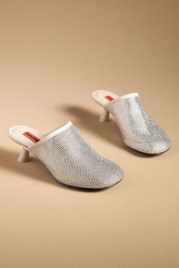 Slide View: 2: SIMONMILLER Beep Crystal Mesh Kitten-Heel Mules