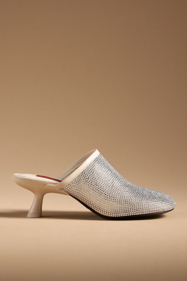 Slide View: 1: SIMONMILLER Beep Crystal Mesh Kitten-Heel Mules