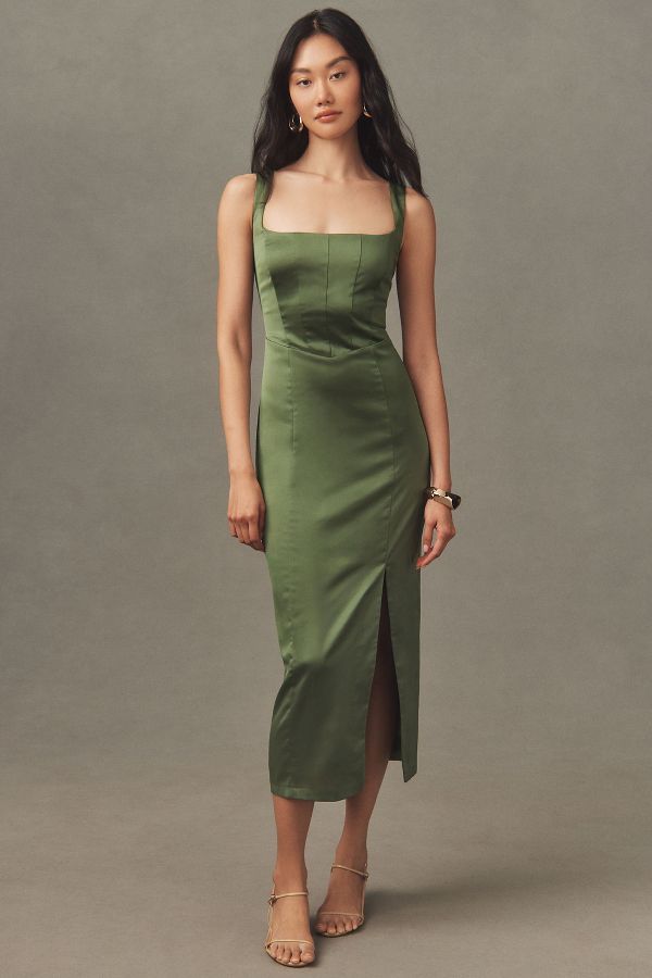 Slide View: 1: BHLDN Elliana Sleeveless Corset Satin Midi Dress