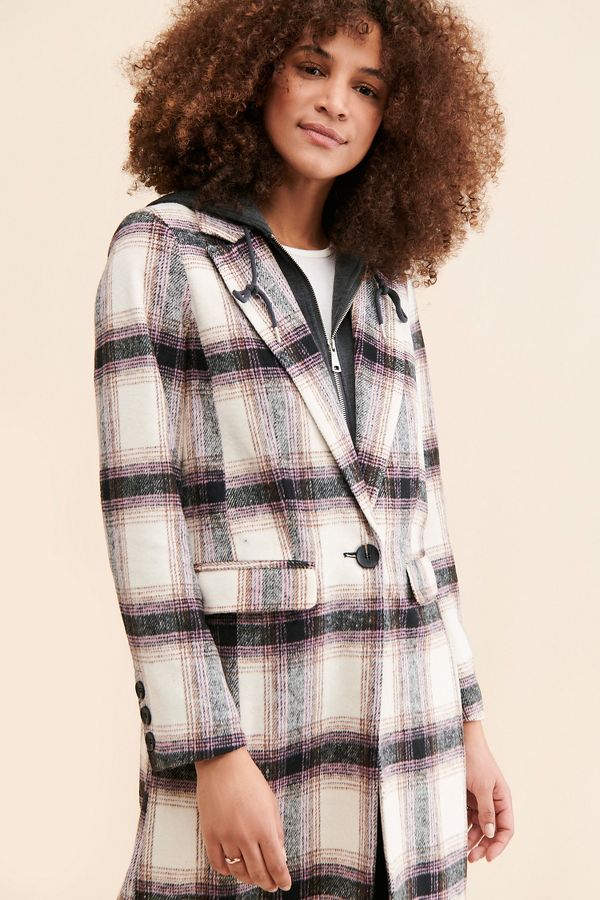 Slide View: 3: Avec Les Filles Hooded Plaid Overcoat