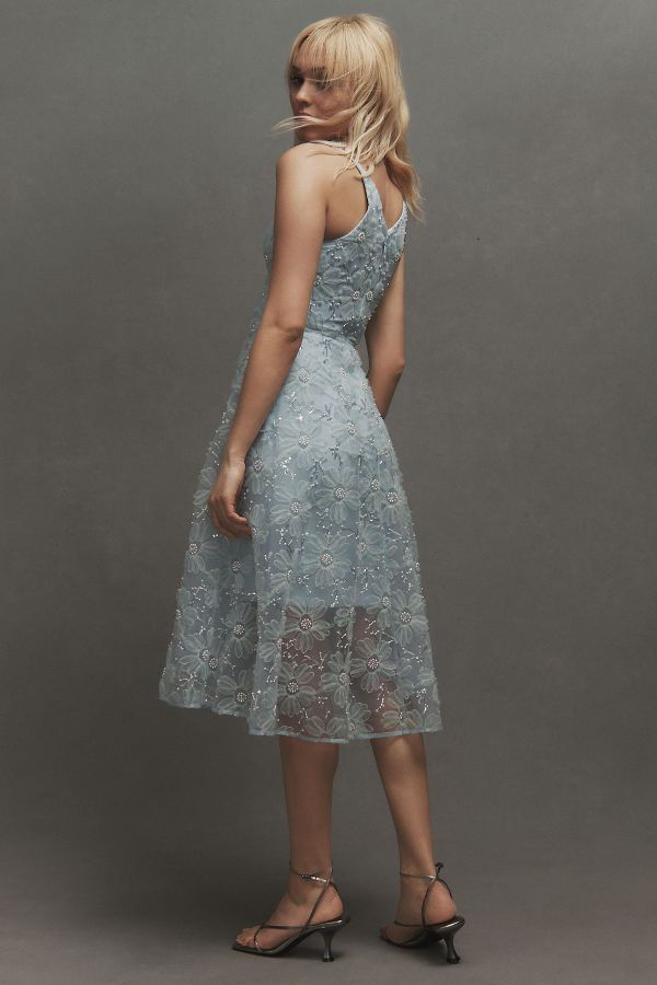 Slide View: 2: Dress The Population Audrey Sleeveless Lace-Overlay Midi Dress