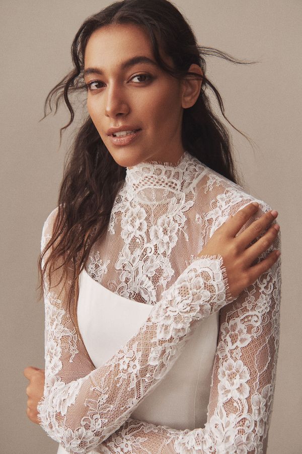 Slide View: 2: Watters Long-Sleeve Lace Bodysuit