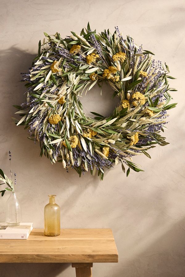 Slide View: 1: Dried Lavender, Yarrow + Olive Wreath