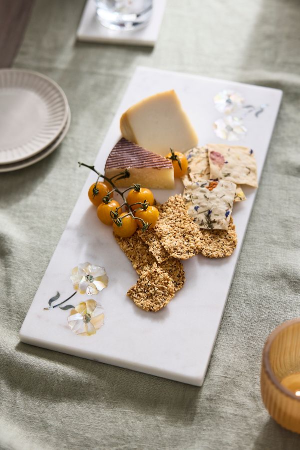 Slide View: 1: Floral Inlay Marble Serving Board