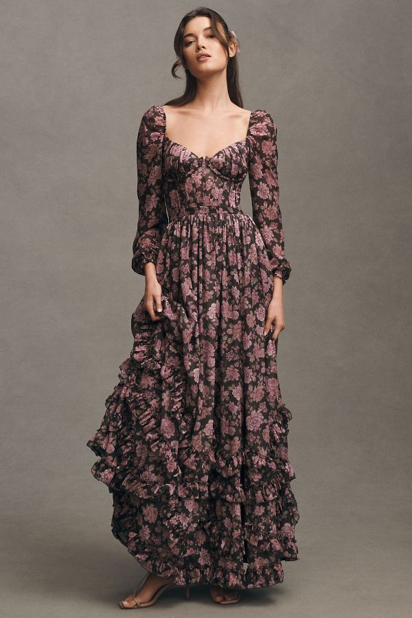 Slide View: 1: V. Chapman Carmella Long-Sleeve Corset Side-Slit Chiffon Maxi Dress