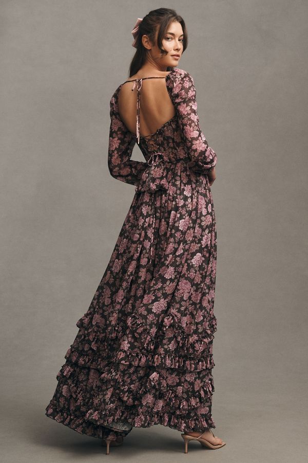 Slide View: 3: V. Chapman Carmella Long-Sleeve Corset Side-Slit Chiffon Maxi Dress