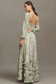 Slide View: 2: V. Chapman Carmella Long-Sleeve Corset Side-Slit Chiffon Maxi Dress