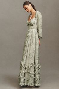 Slide View: 4: V. Chapman Carmella Long-Sleeve Corset Side-Slit Chiffon Maxi Dress