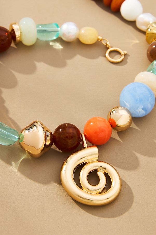 Slide View: 2: Mixed Beaded Spiral Pendant Necklace