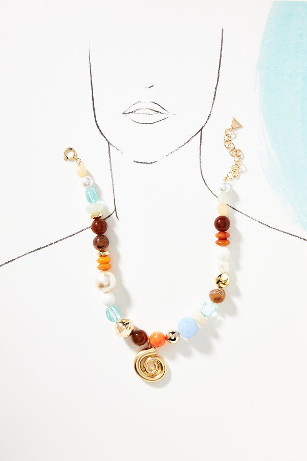 Slide View: 3: Mixed Beaded Spiral Pendant Necklace