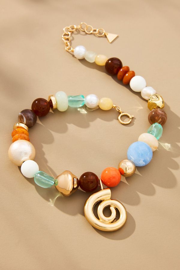 Slide View: 1: Mixed Beaded Spiral Pendant Necklace