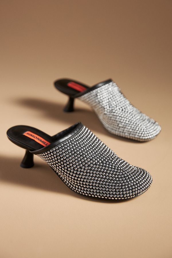 Slide View: 2: SIMONMILLER Crystal Beep Nailhead Kitten-Heel Mules