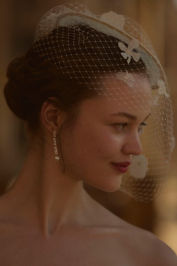 Slide View: 1: Twigs & Honey Floral Birdcage Veil Bridal Mini Hat