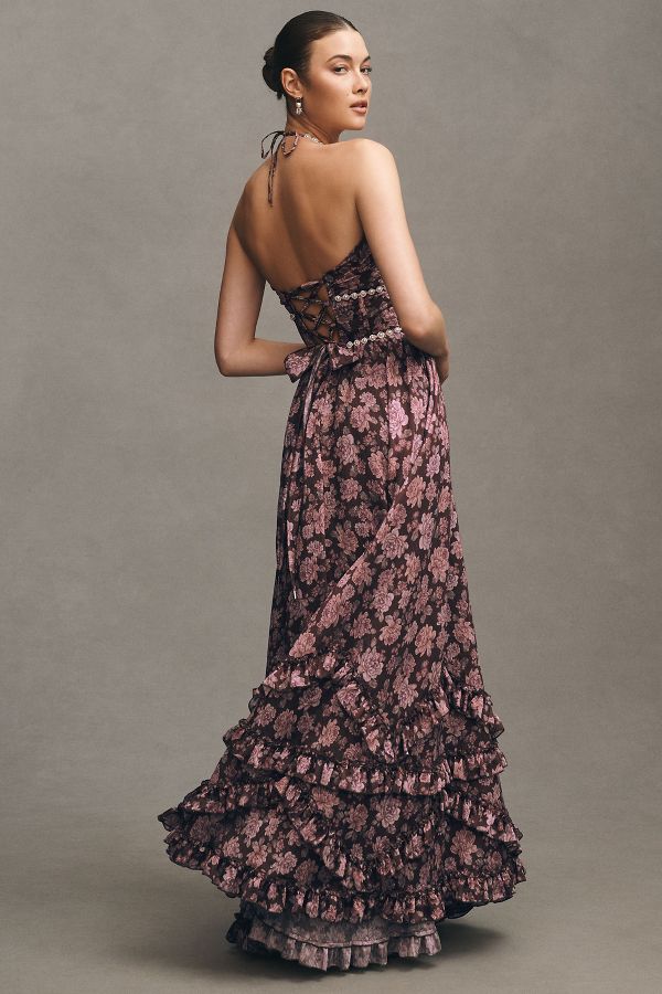 Slide View: 2: V. Chapman Scarlette Halter Embellished Corset Organza Maxi Dress