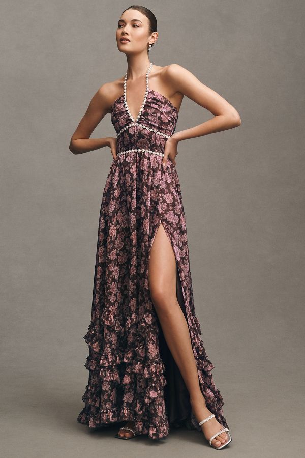 Slide View: 1: V. Chapman Scarlette Halter Embellished Corset Organza Maxi Dress