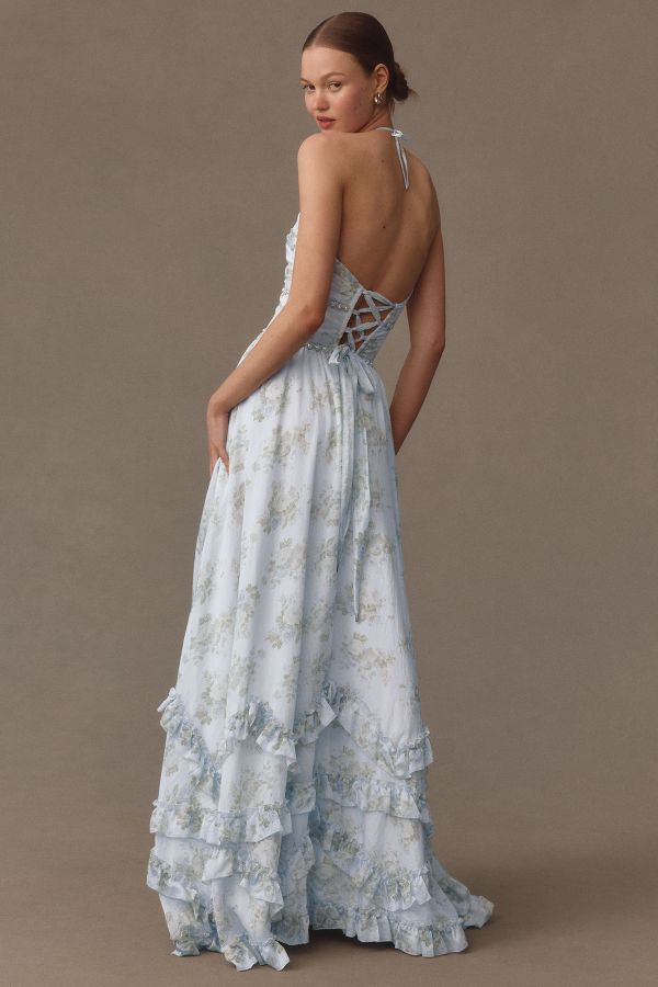 Slide View: 3: V. Chapman Scarlette Halter Embellished Corset Organza Maxi Dress