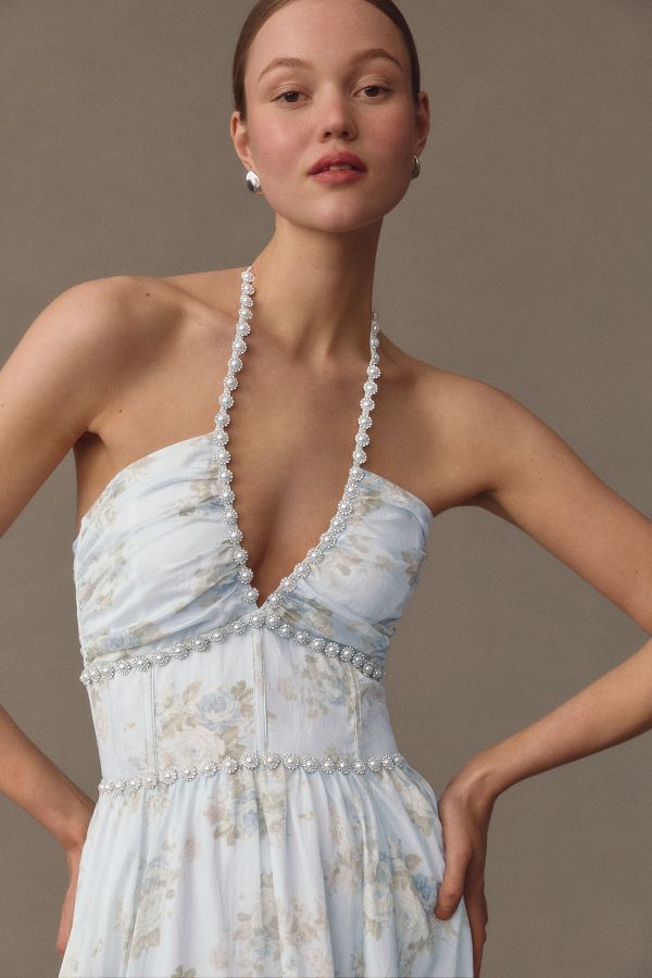 Slide View: 4: V. Chapman Scarlette Halter Embellished Corset Organza Maxi Dress