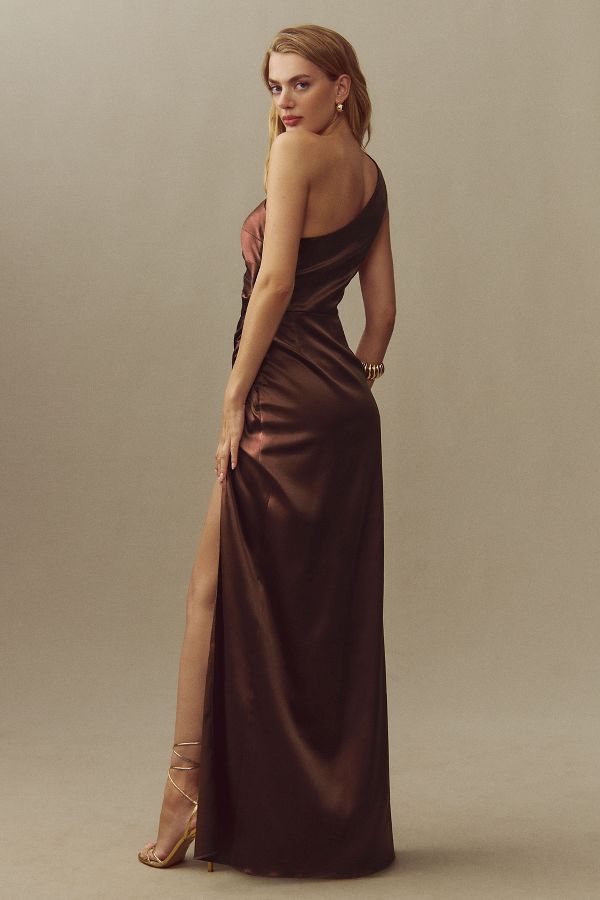 Slide View: 2: BHLDN Scottie One-Shoulder Side-Slit Stretch Satin Maxi Dress