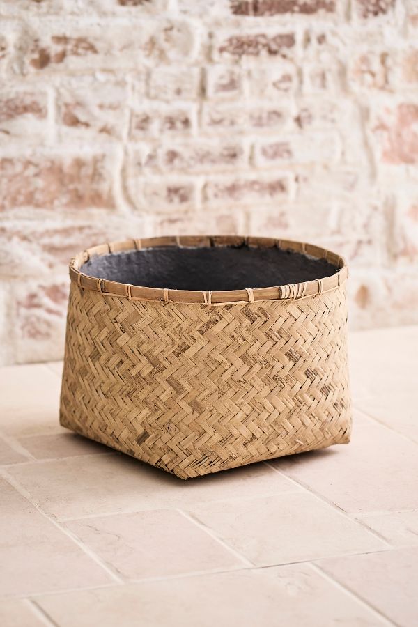 Slide View: 3: Woven Bamboo + Fiber Square Base Planter, Low