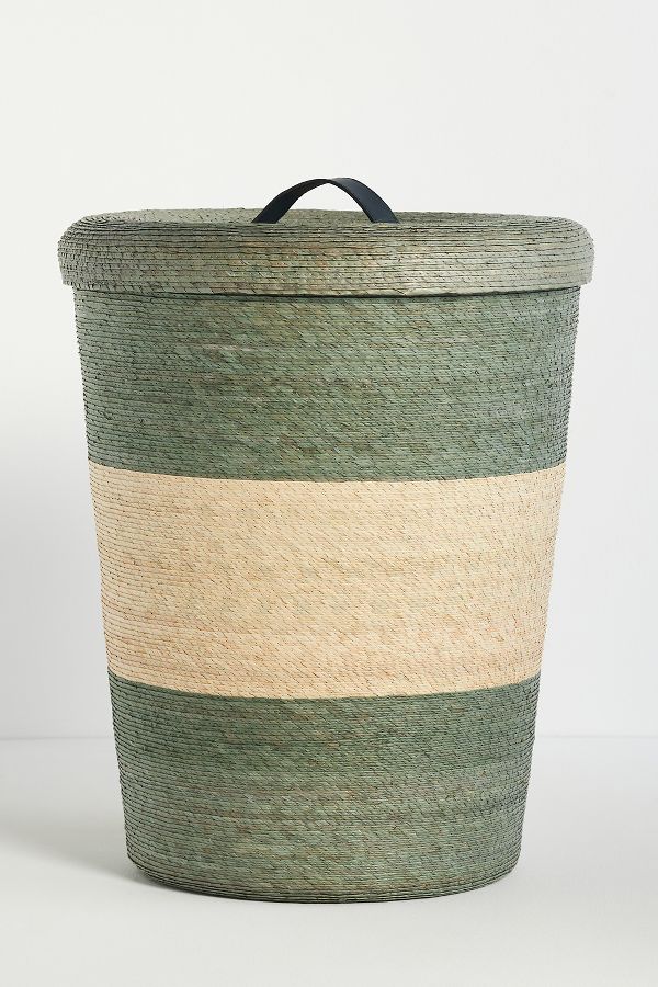 Slide View: 1: Dakota Woven Palm & Leather Hamper