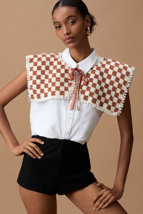 Slide View: 1: By Anthropologie Pearl-Trim Checked Knit Collar