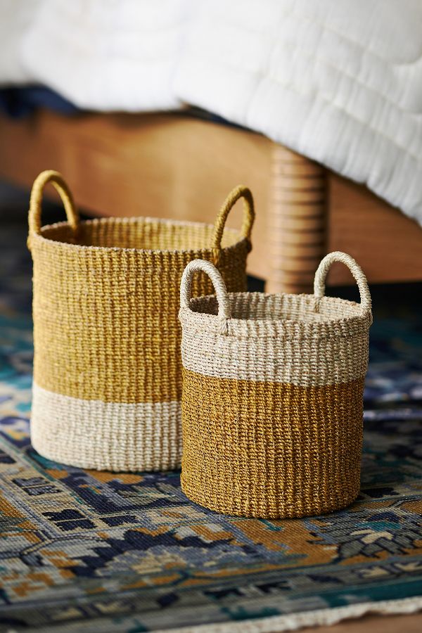 Slide View: 1: Cylinder Woven Palm Baskets, Set of 2