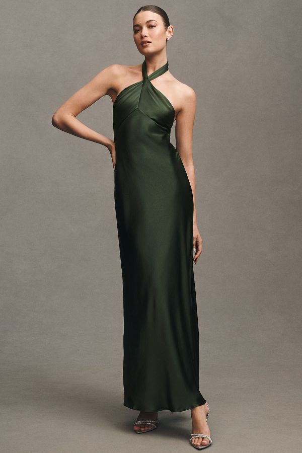 Slide View: 1: BHLDN Selma Halter-Neck Satin Maxi Dress