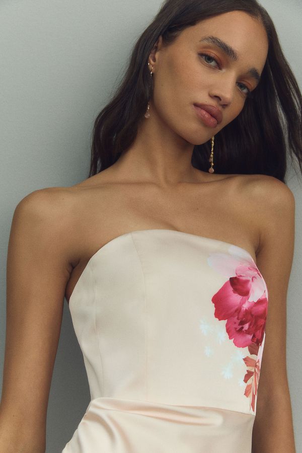 Slide View: 2: BHLDN Lyla Strapless Side-Slit Satin Midi Dress