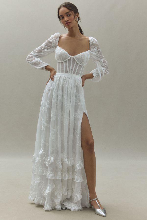 Slide View: 1: V. Chapman Carmella Long-Sleeve Ruffled Chiffon Maxi Dress