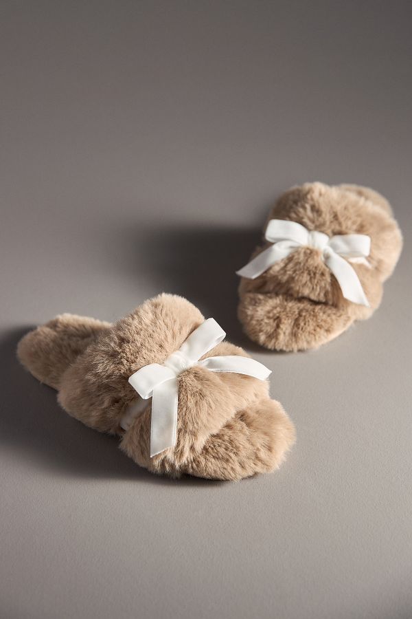 Slide View: 3: Maeve Faux-Fur Open-Toe Bow Slippers