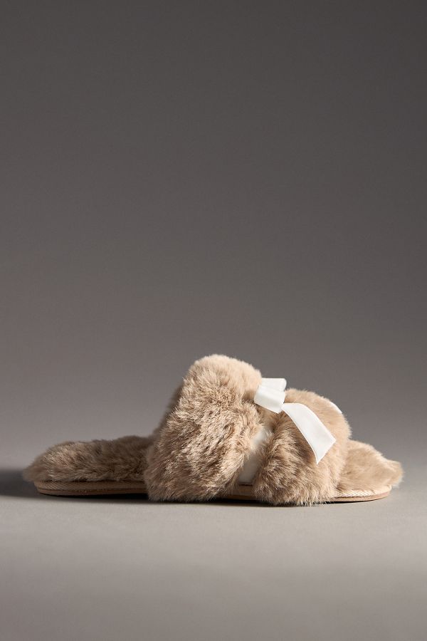 Slide View: 1: Maeve Faux-Fur Open-Toe Bow Slippers