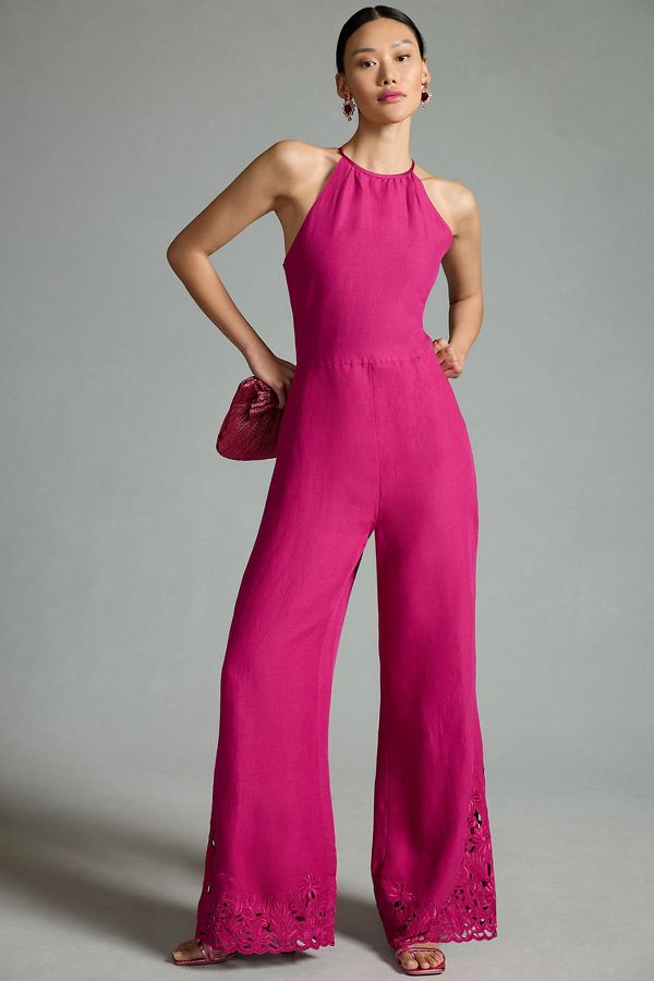 Slide View: 1: Cutwork Linen Jumpsuit