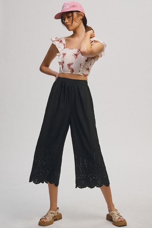 Slide View: 1: Wide-Leg Eyelet Crop Pants