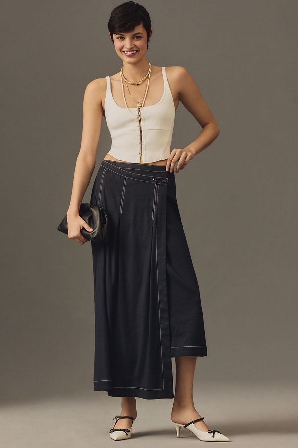 Slide View: 1: Maeve Edie Asymmetrical Stitched Midi Skirt