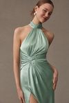 Thumbnail View 3: Ieena for Mac Duggal High-Neck Open-Back Ruched Side-Slit Satin Maxi Dress