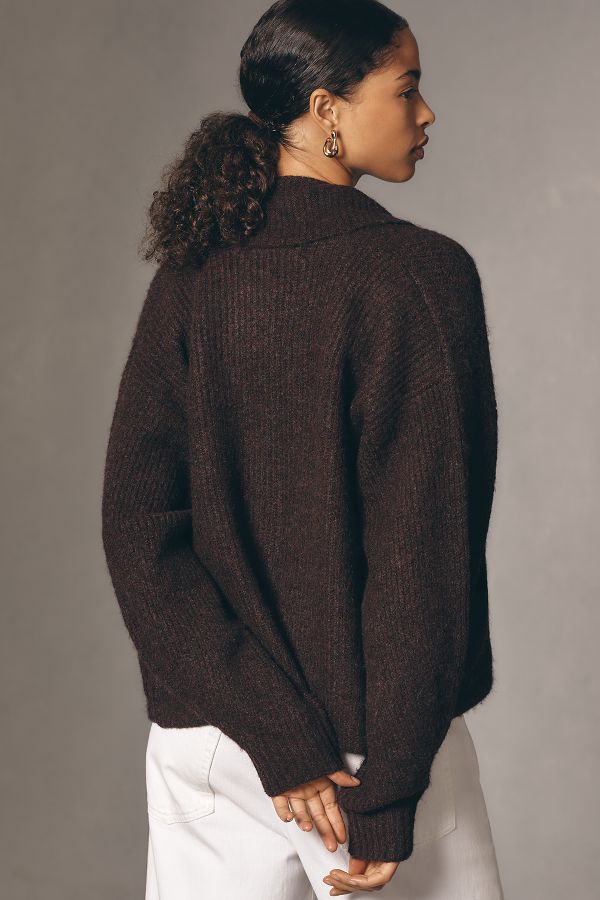 Slide View: 2: Flat White Ribbed Roll Collar Cardigan