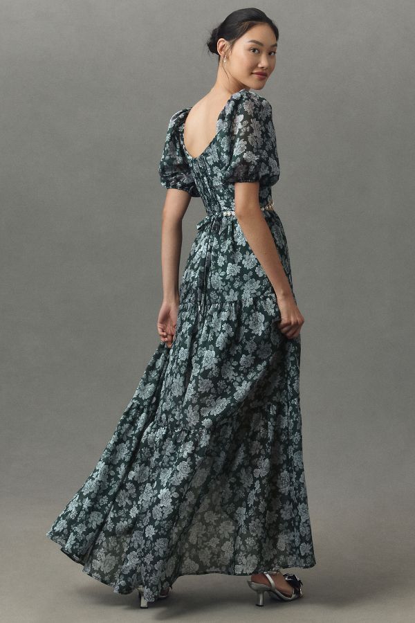 Slide View: 4: V. Chapman Emma V-Neck A-Line Brocade Cutout Maxi Dress