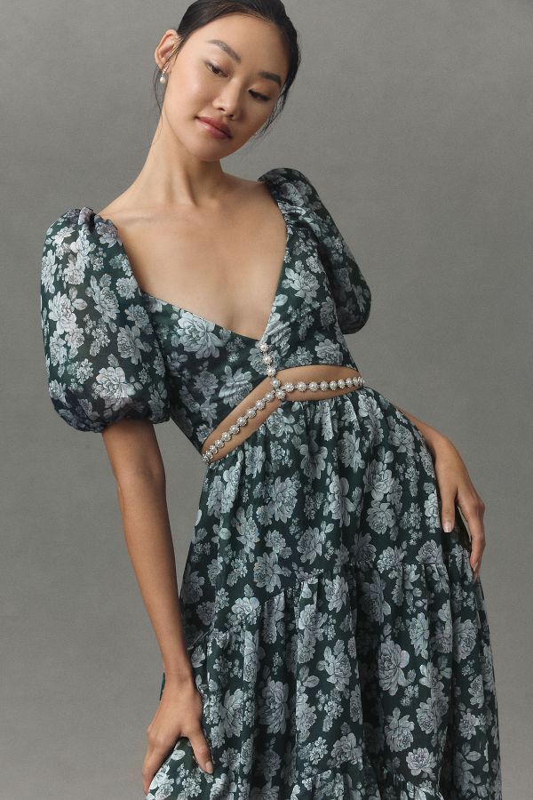 Slide View: 5: V. Chapman Emma V-Neck A-Line Brocade Cutout Maxi Dress