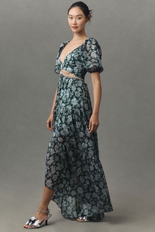 Slide View: 6: V. Chapman Emma V-Neck A-Line Brocade Cutout Maxi Dress