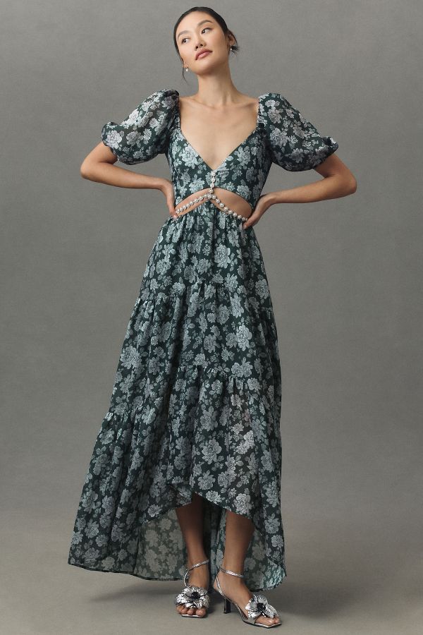 Slide View: 3: V. Chapman Emma V-Neck A-Line Brocade Cutout Maxi Dress