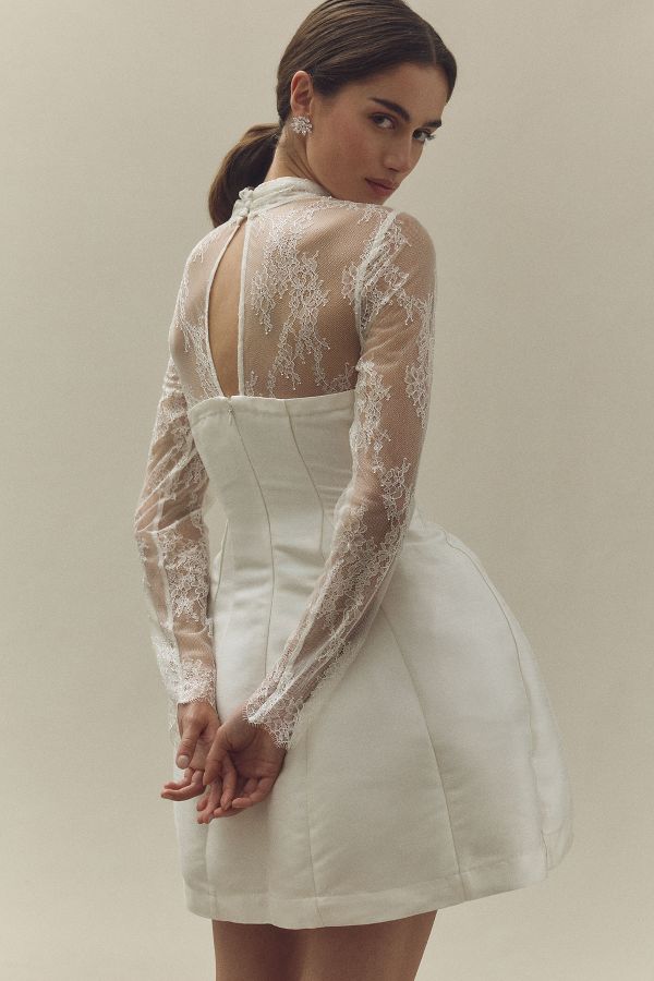 Slide View: 2: BHLDN Long-Sleeve High-Neck Lace Fit & Flare Mini Dress