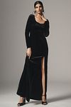 Thumbnail View 1: BHLDN Bella Long-Sleeve Scoop-Neck Side-Slit Stretch Velvet Maxi Dress