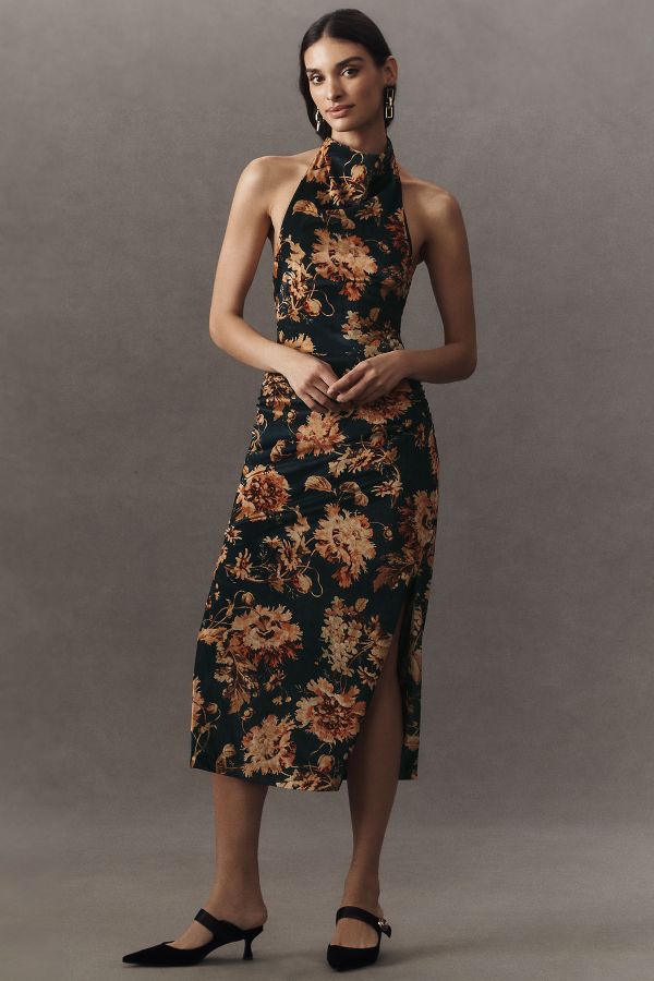 Slide View: 1: BHLDN Holly Halter Stretch Velvet Midi Dress