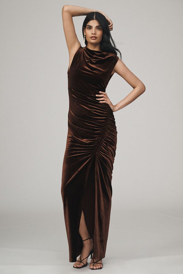 Slide View: 5: BHLDN Francesca High-Neck Stretch Velvet Maxi Dress