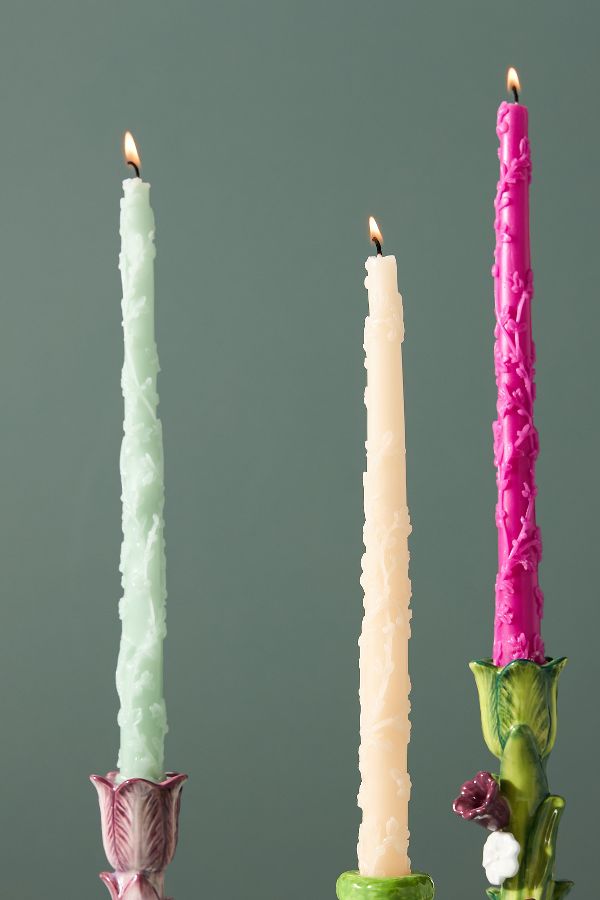 Slide View: 2: Ianthe Carved Floral Taper Candles, Set of 2