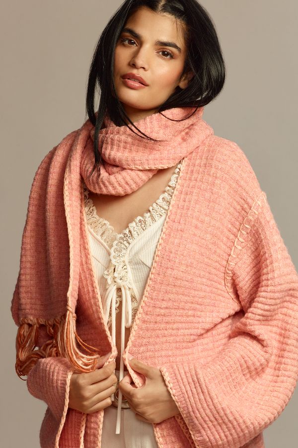 Slide View: 2: By Anthropologie Whipstitch Cardigan Sweater with Scarf