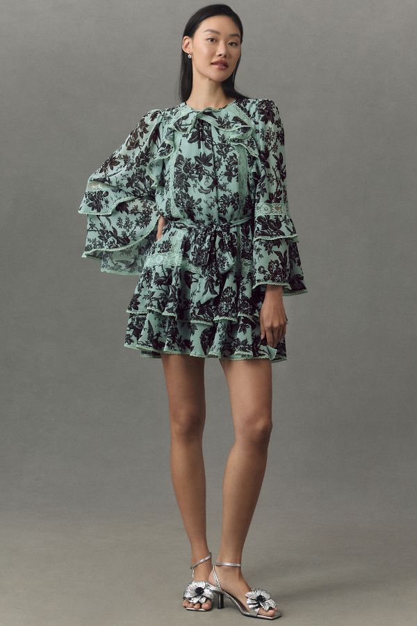 Slide View: 1: BHLDN Camila Long-Sleeve Chiffon Mini Dress