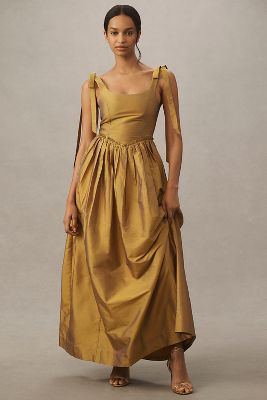 Louise Marie Tie-Strap Corset Taffeta Maxi Dress