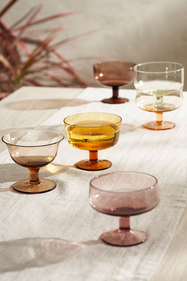 Slide View: 1: Footed Glass Coupes, Set of 6 Ambers + Pinks