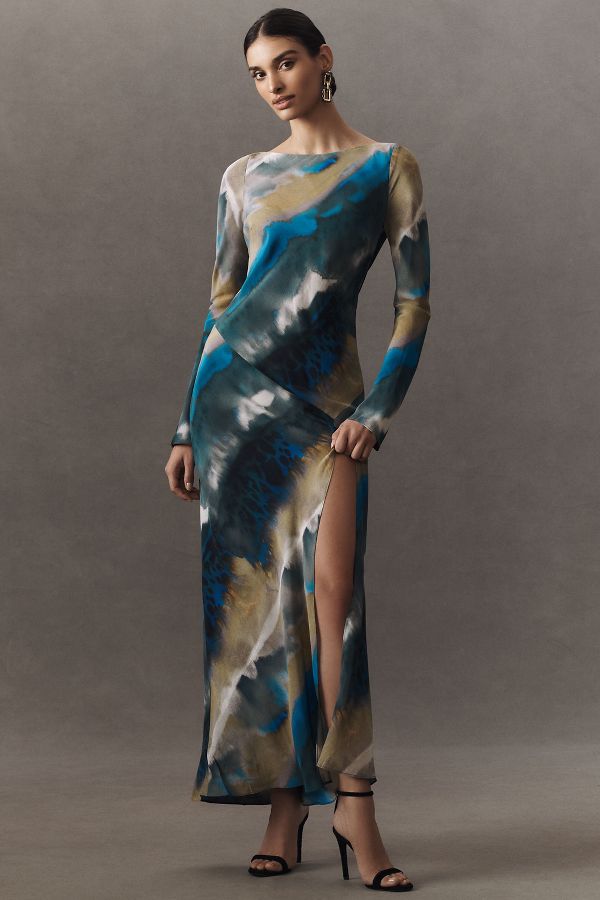 Slide View: 3: Shona Joy Jardin Boat-Neck Backless Split Silk Maxi Dress